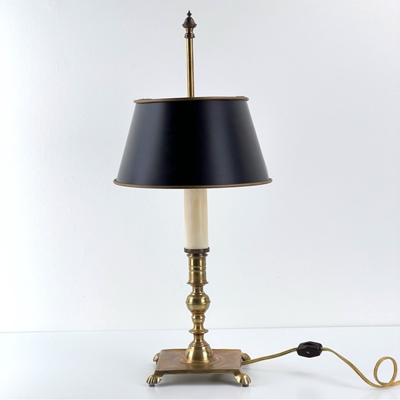 Vintage French Tole Brass Double Bulb Table Lamp With Black Shade - Picture 4 of 12